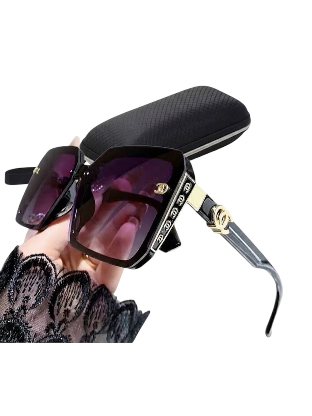 Fashion Square Sunglasses Womens Designer Style Purple Lens Gold Metal + Case